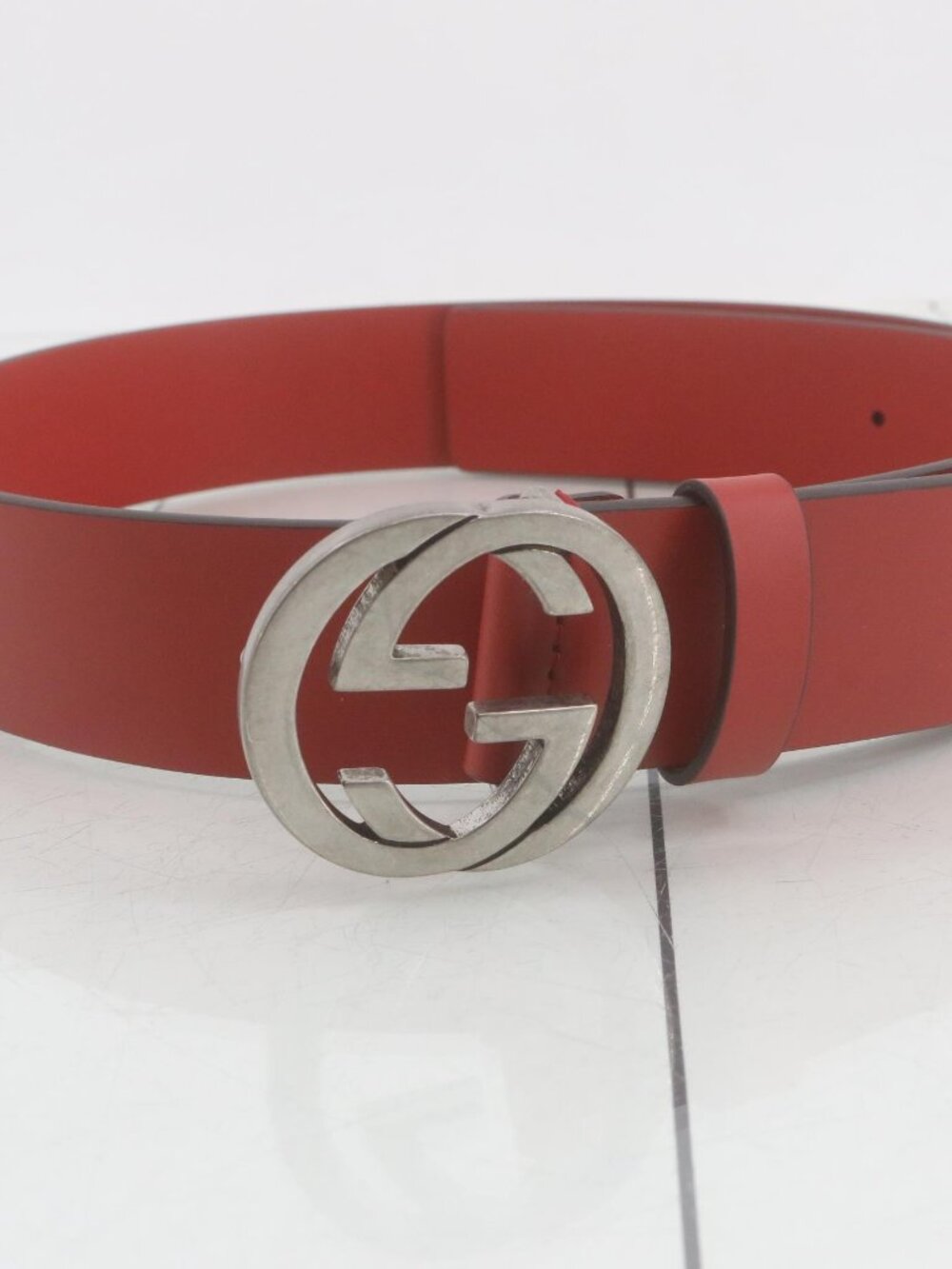 Authentic Gucci Red Leather Belt with Silver Interlocking G Buckle